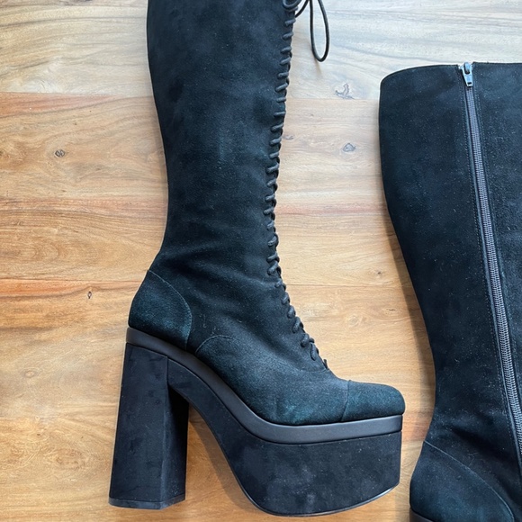 Shellys London Black platform lace up boots, faux suede - Picture 2 of 11